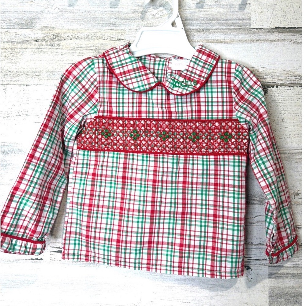 Cecil and Lou Boys 3T Red Green Plaid Smocked Custom Archie Holiday EUC